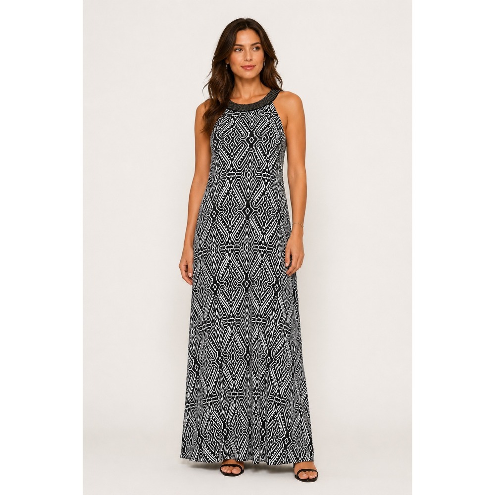 AB Studio Womens XL Black White Geometric Tribal Beaded Halter Maxi Dress